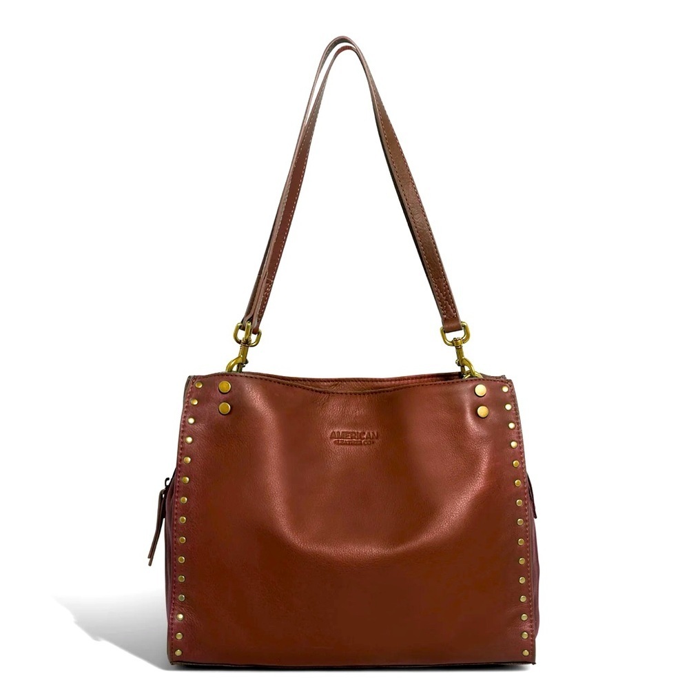 Brown Leather Satchel with Gold Accents and Structured Design